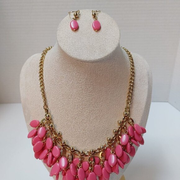 GoldTone Teal PINK Teardrop Bib Statement Necklace Earrings SHB sign Jewelry Set - Picture 2 of 7